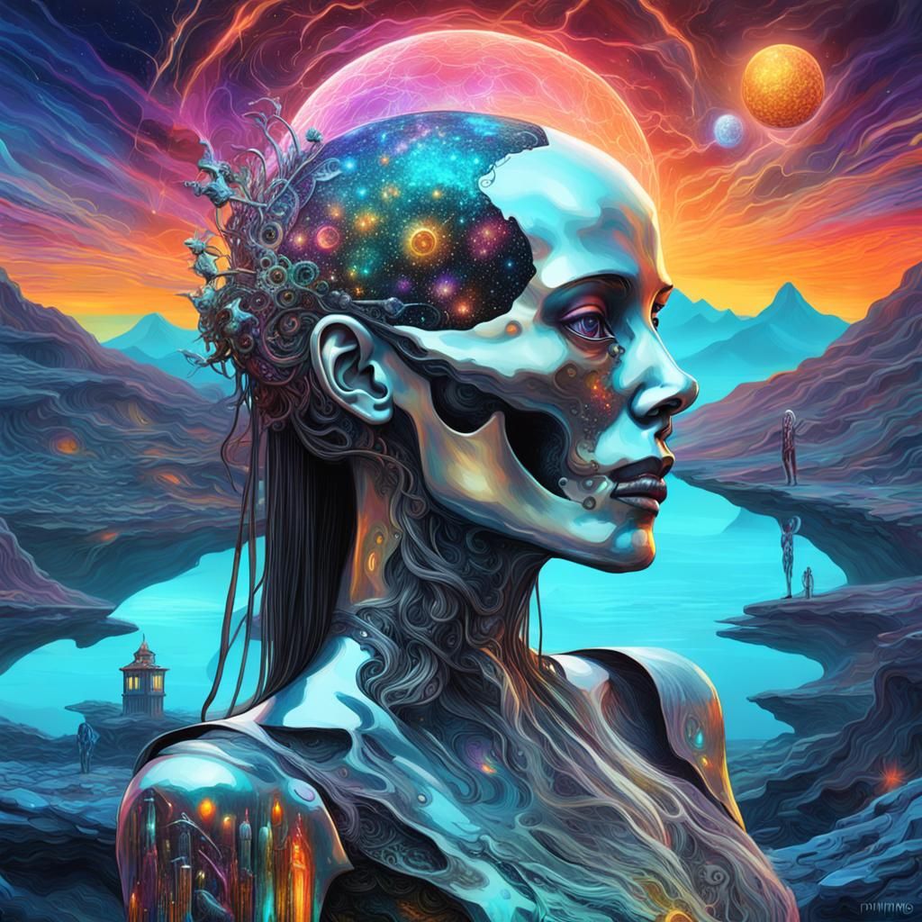 Surreal Cyborg Witch in Dreamlike Landscape