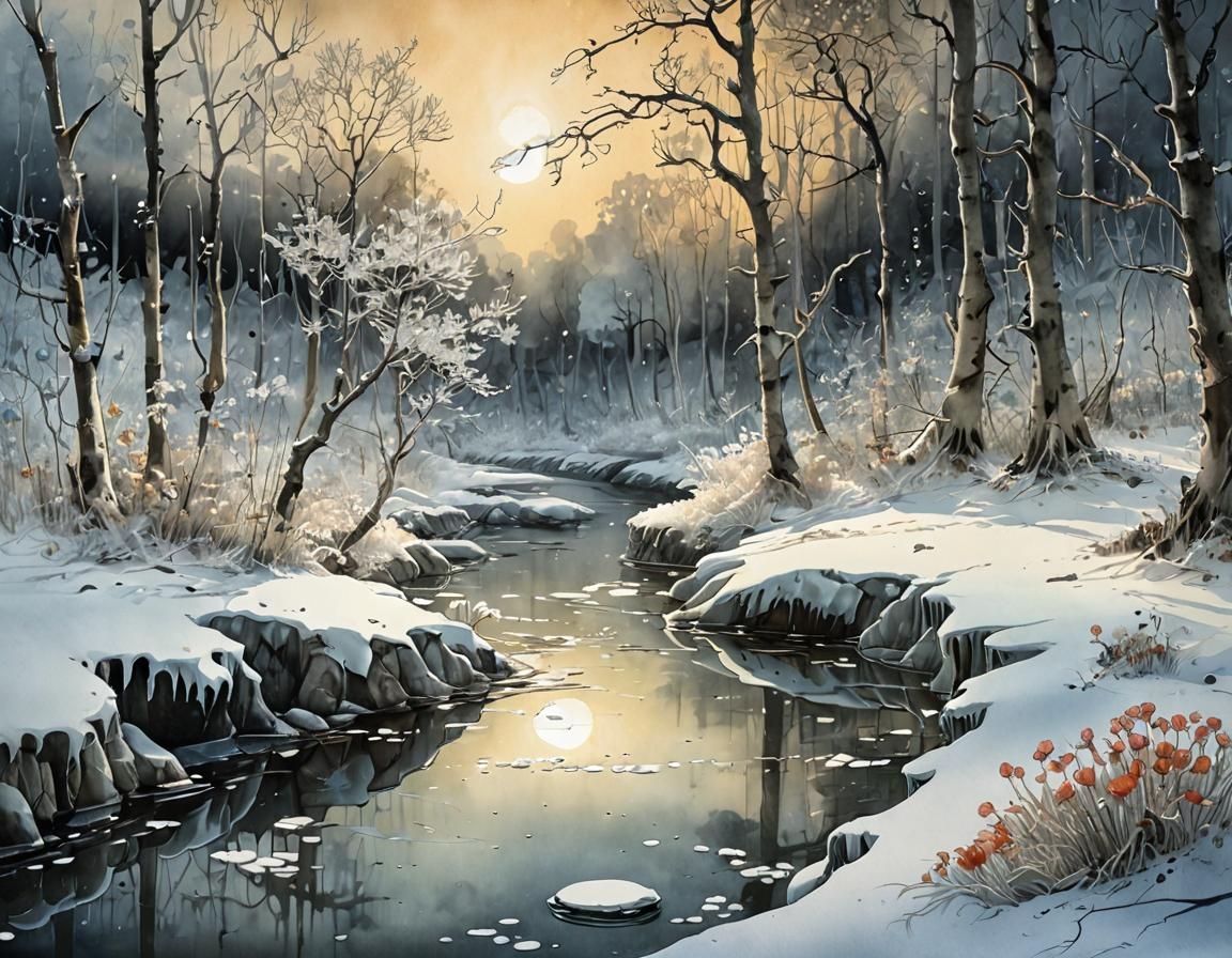 Iced River by Moonlight, Watercolor and Ink