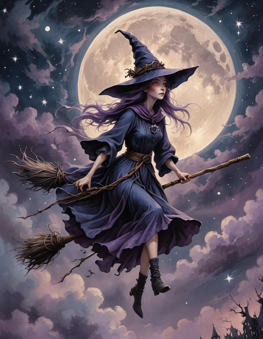 Witch Flying on Broomstick in Dark Fantasy Style