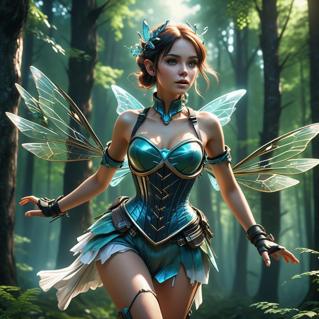 Futuristic Fairy in Forest with 3D Game Cinematic Graphics