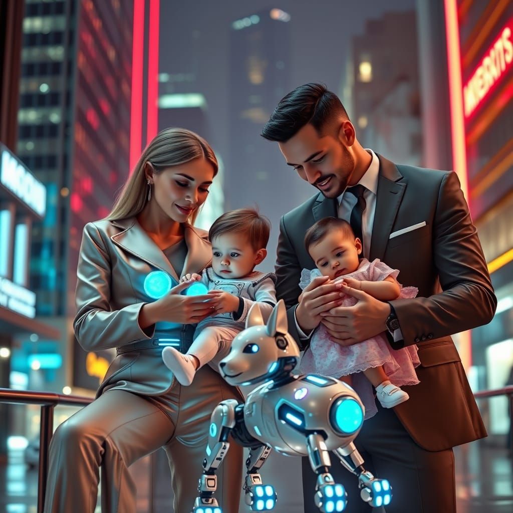 Elegant Family of Four in Futuristic Madrid