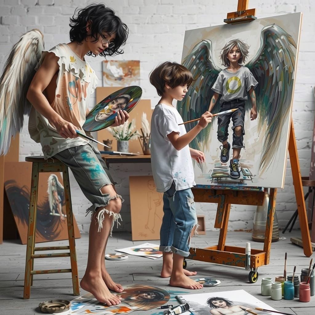 Elderly Artist Mentors Young Pupil in Cozy Studio