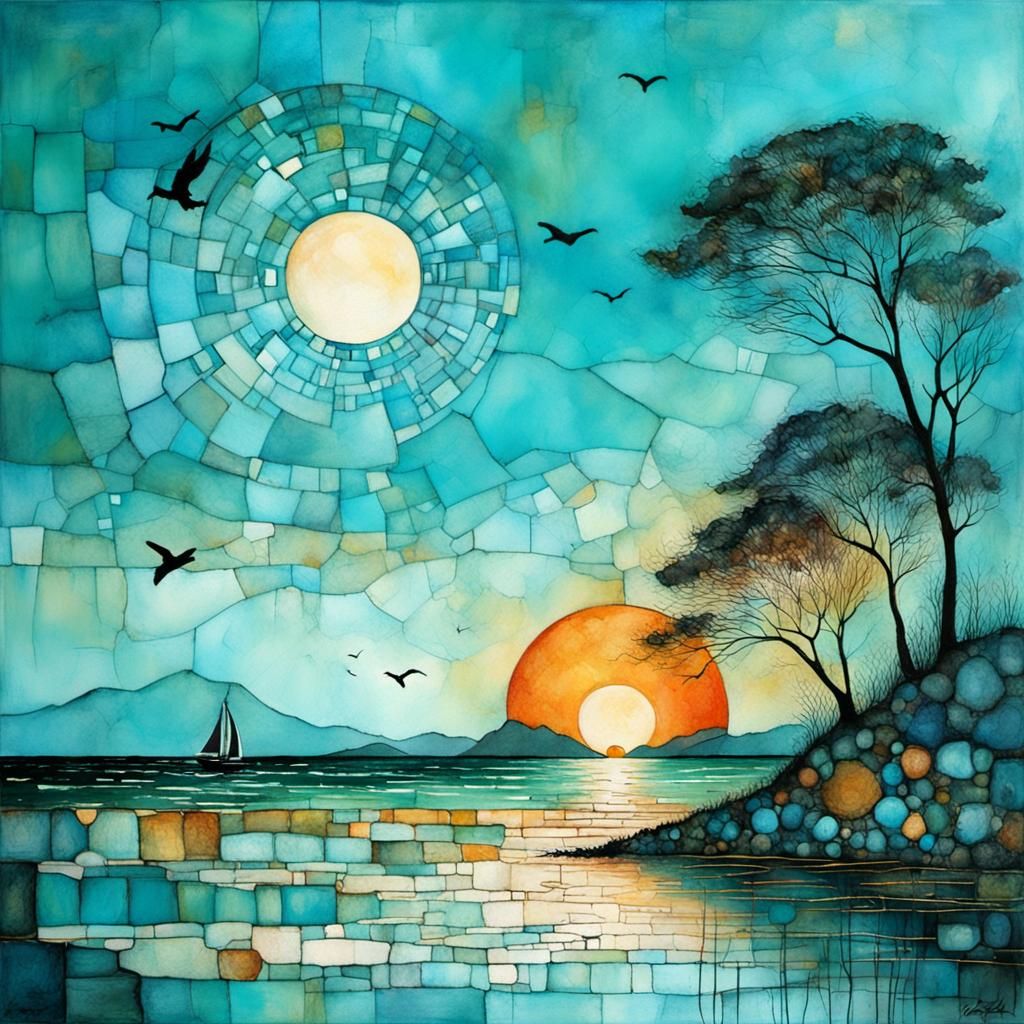Turquoise Sunset Whimsical Illustration by Sea