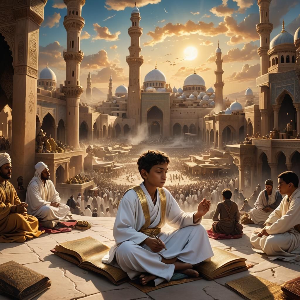 Boy Reads Quran Amidst Desert City, Fantasy Art