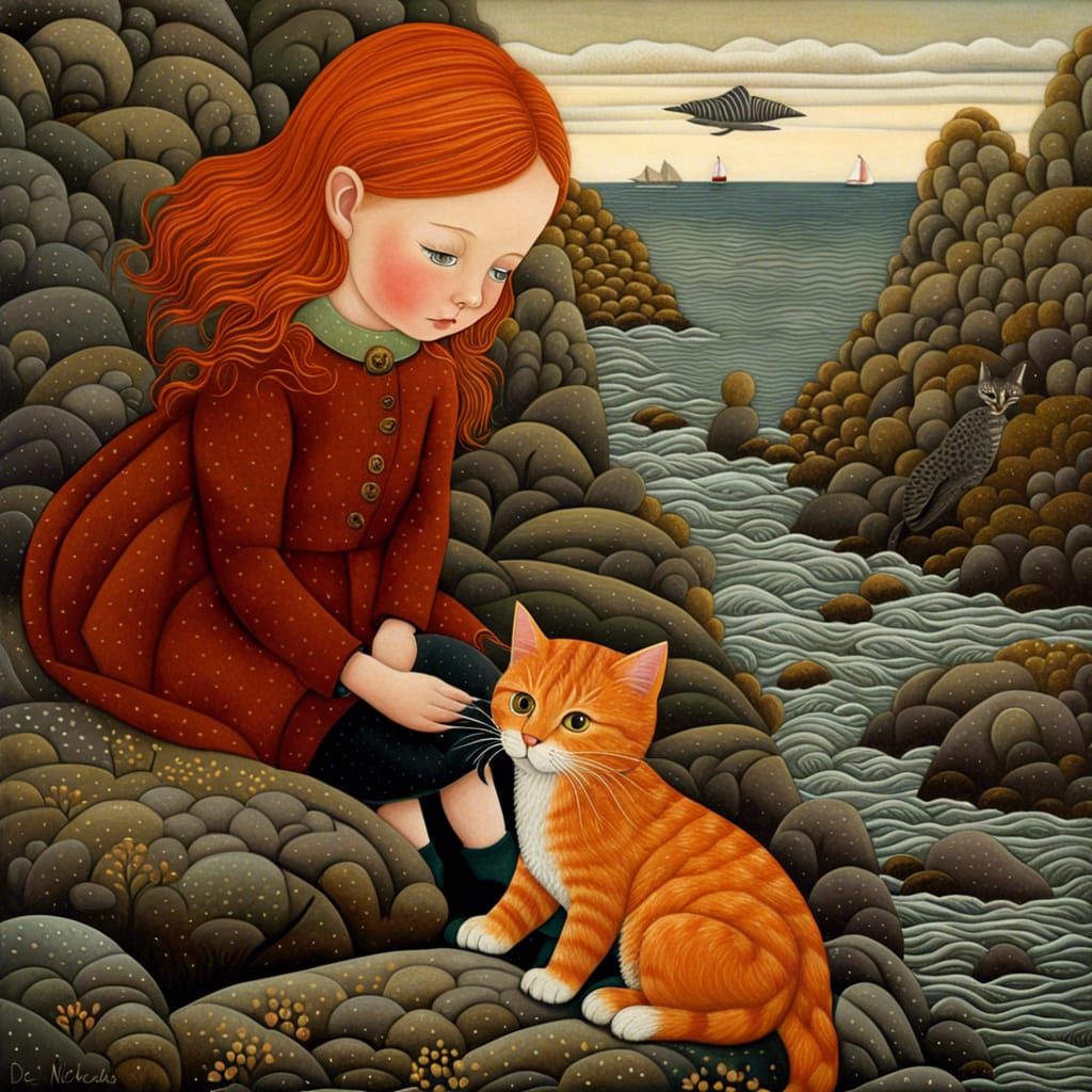 Redhead Toddler and Ginger Cat on Rocky Coast