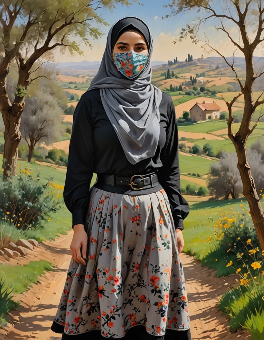 Middle Eastern Woman in Spring Countryside, Oil Painting