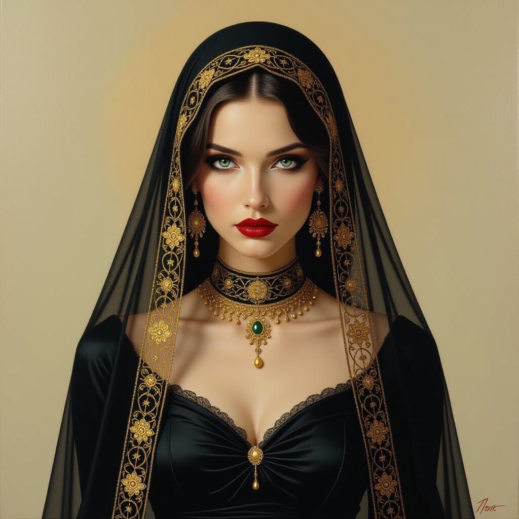 Veiled Woman with Piercing Eyes, Surreal Oil Painting