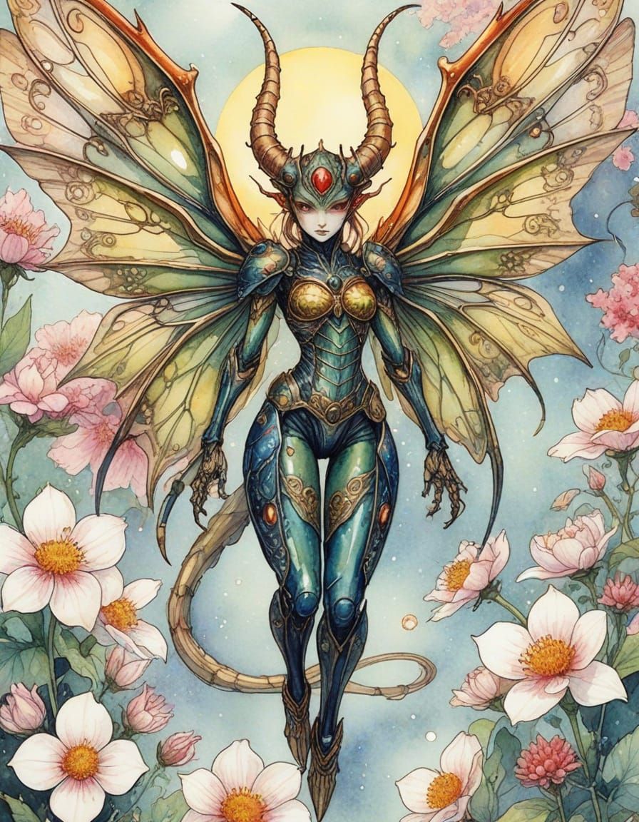 Dreamy Insectoid Demon in Watercolor Manga Style