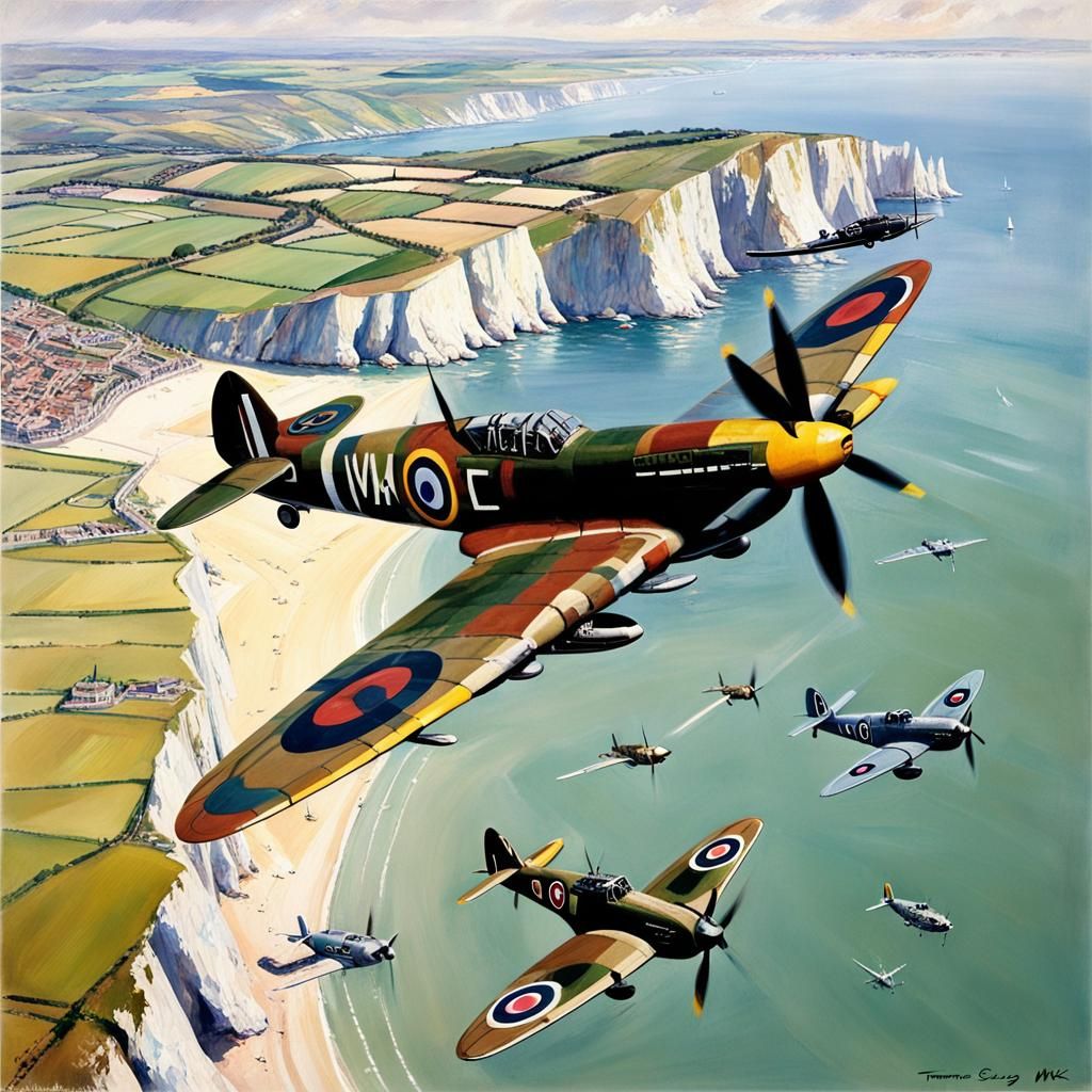 Spitfire and Hurricane over The Needles, Vintage Style