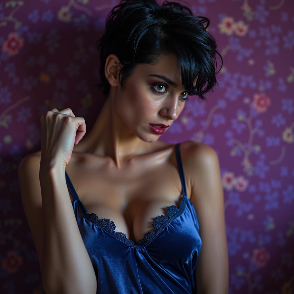 Italian Woman Glaring, Blue Velvet Nightgown, Dramatic Light...