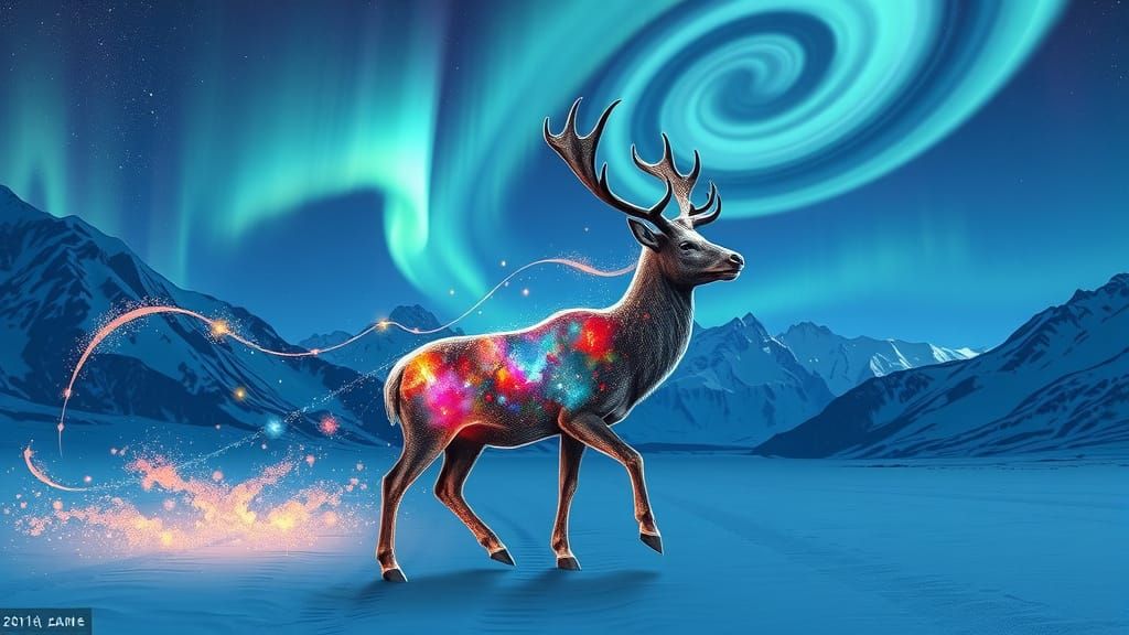 Cosmic Deer Wanders Snowy Alps Under Aurora