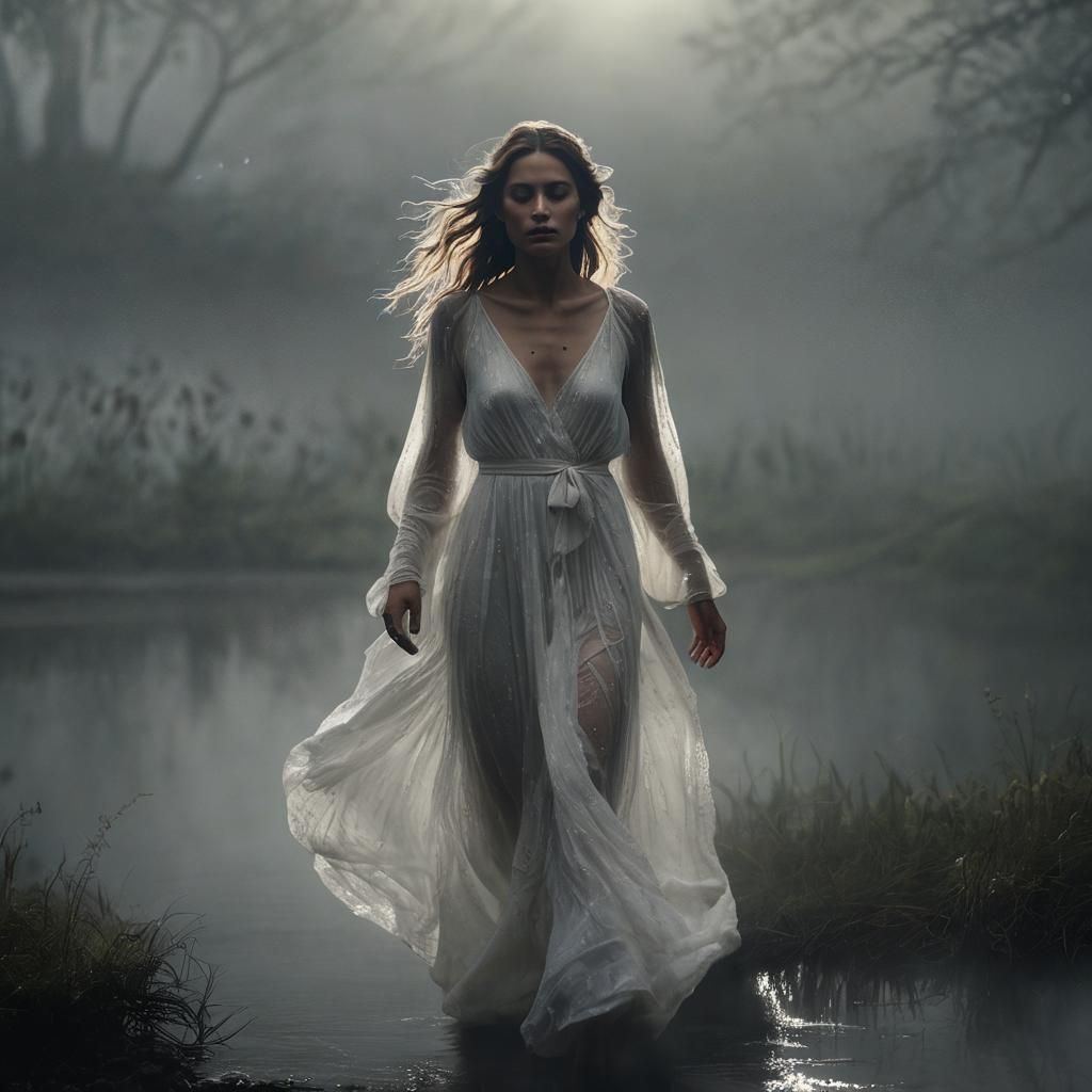 Woman in White Dress Walks in Mist: Cinematic HDR Photo