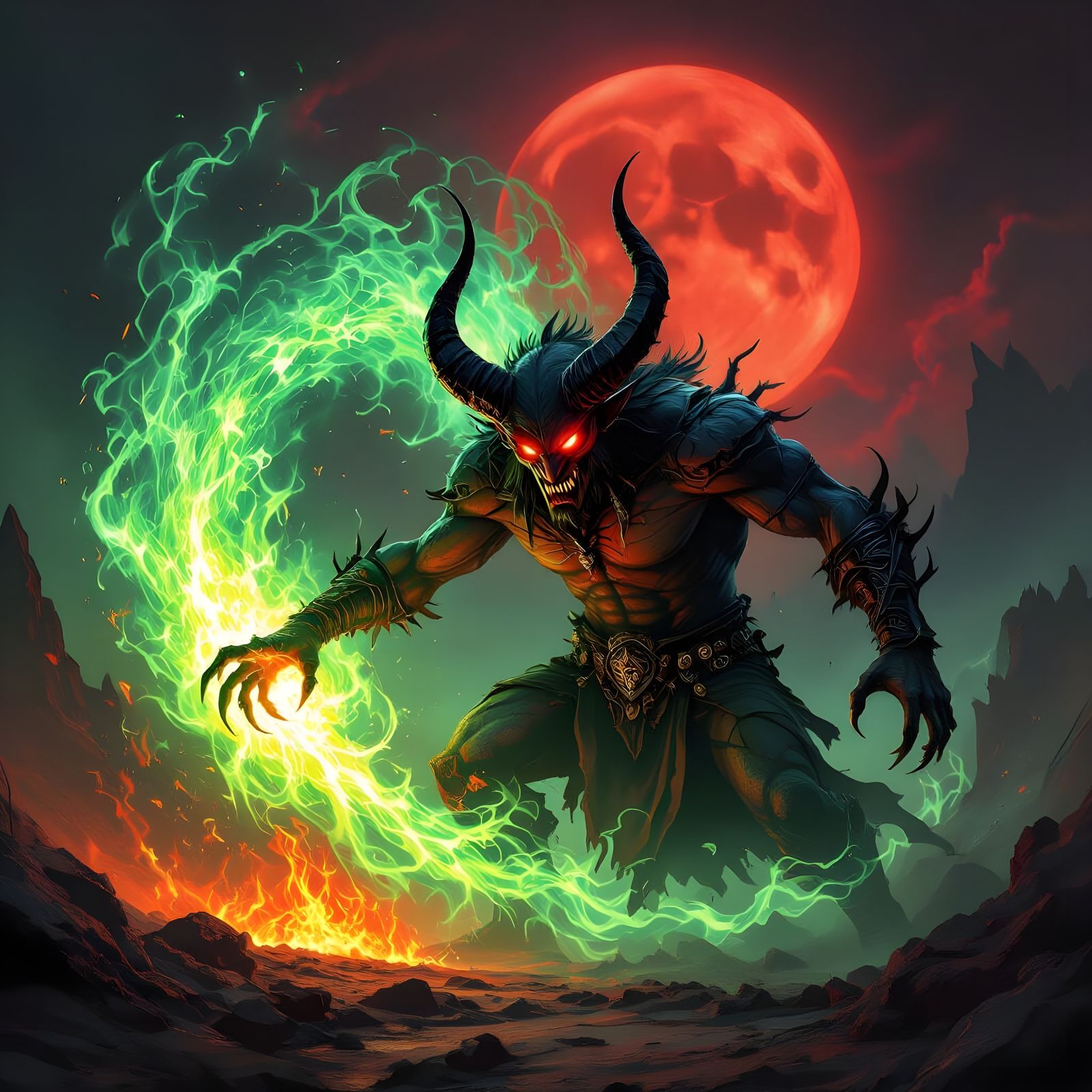 Demon Ignites Emerald Flames in Volcanic Hellscape