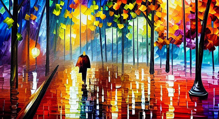 Vibrant Autumn Night in a Rain-Soaked Park Alley