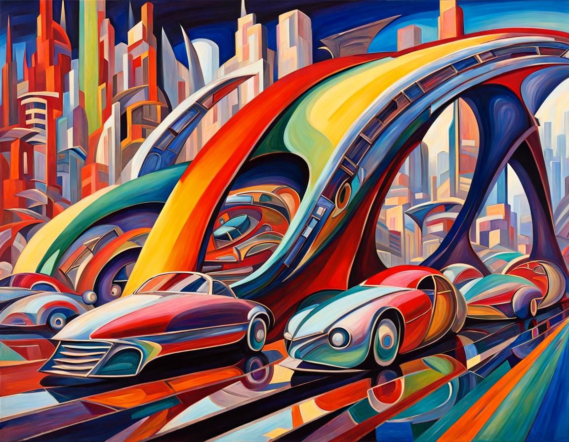 Futuristic Cityscape with Cars in a Dynamic Style
