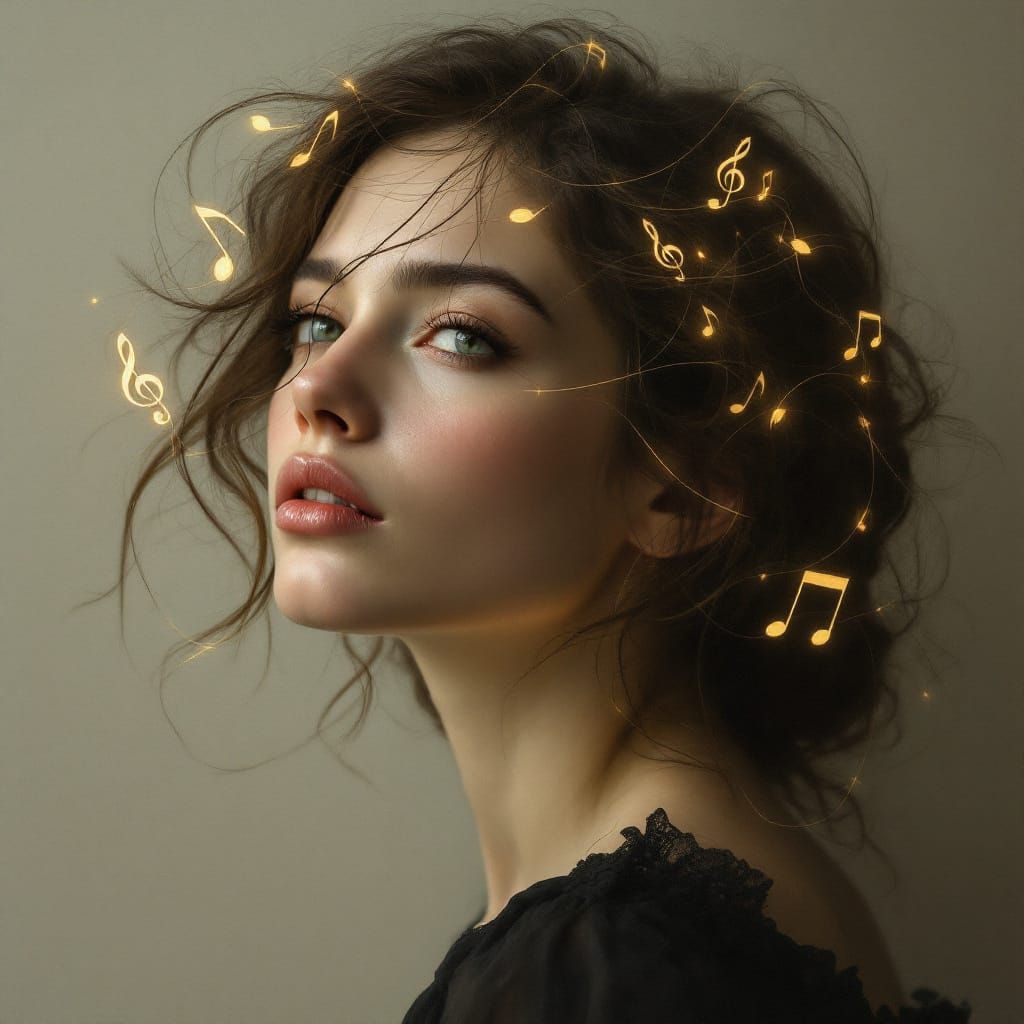 Realistic Portrait of Woman with Luminous Musical Hair