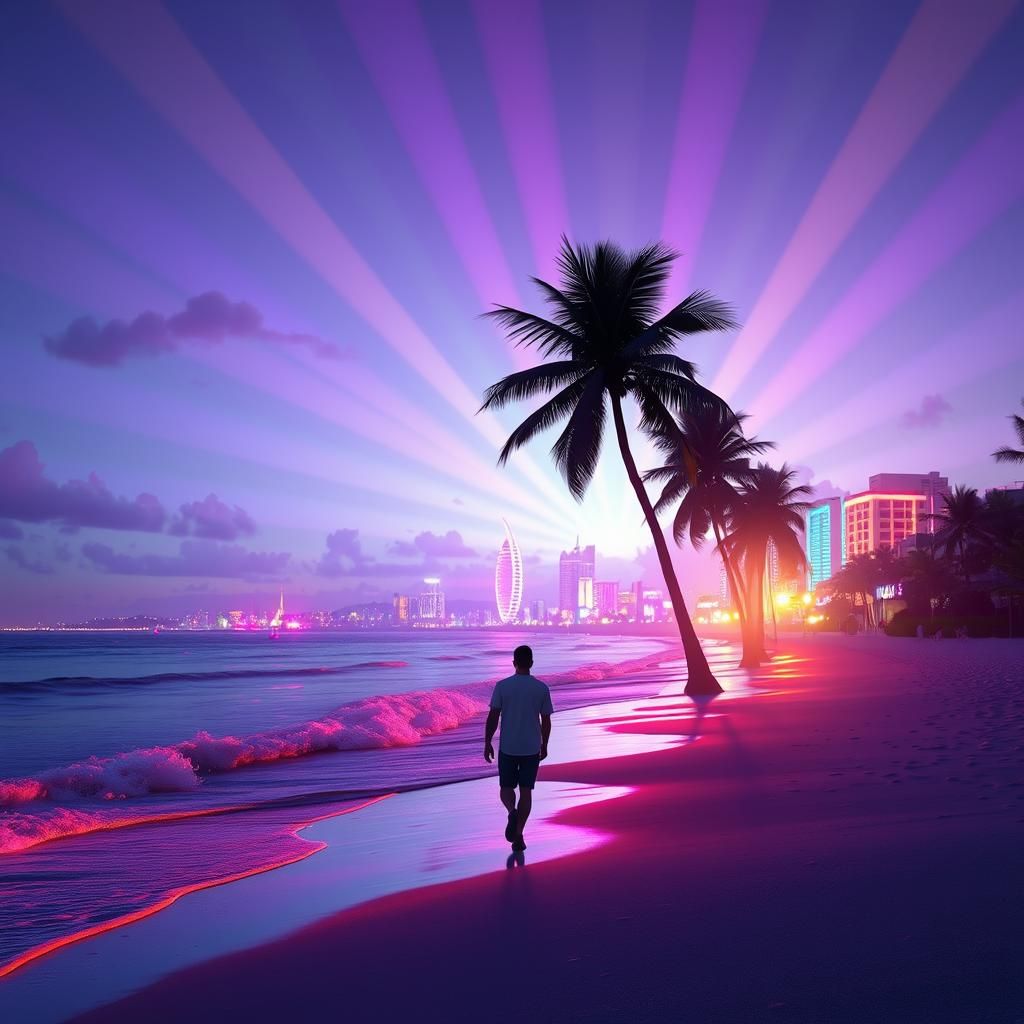 Neon Beach Cityscape in a Pixar-Inspired Style