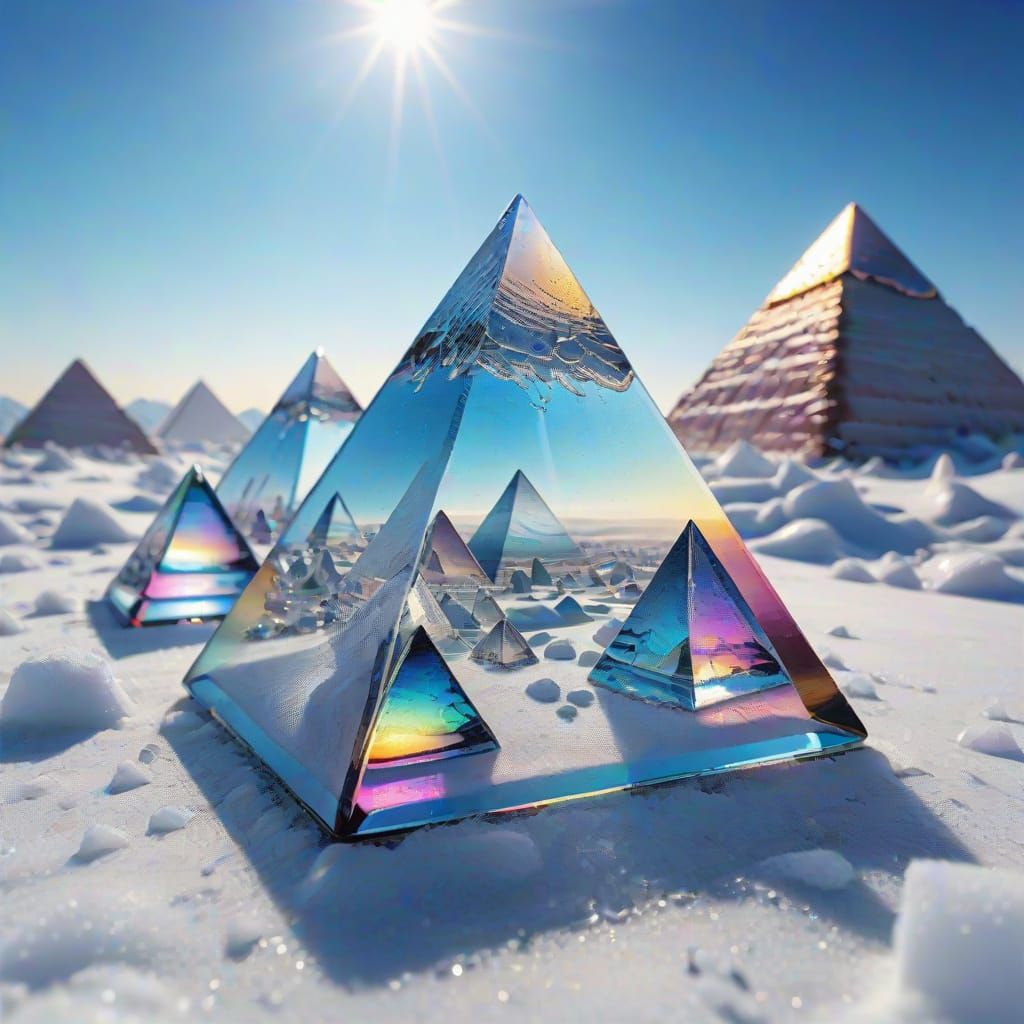 Translucent Pyramids in Frozen Rainbow Landscape