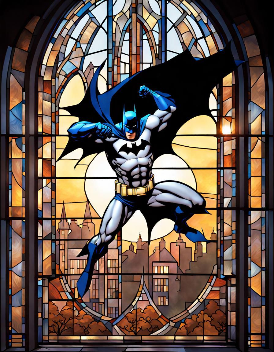 Batman in Stained Glass Window with Sunrise