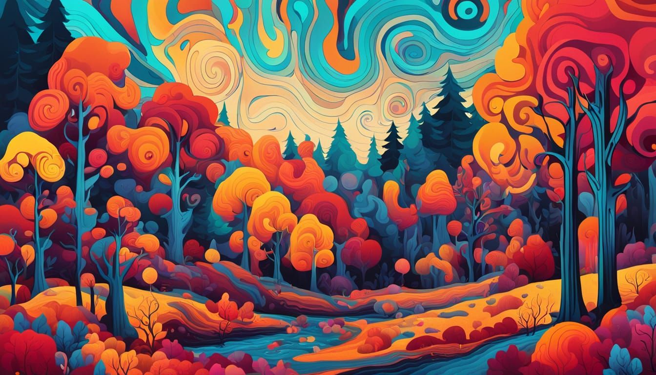 Psychedelic Autumn Forest Landscape in Abstract Style