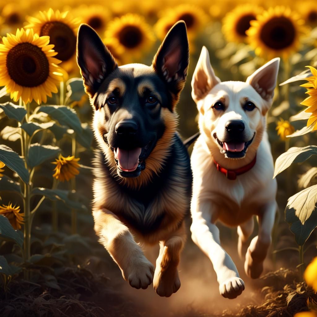 German Shepherd and Puppy in Sunflower Field Art