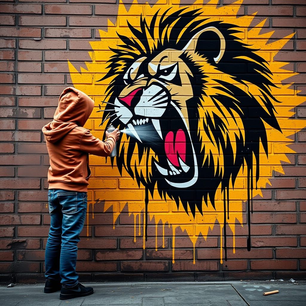 Boy Painting Lion Graffiti Mural in Urban Style