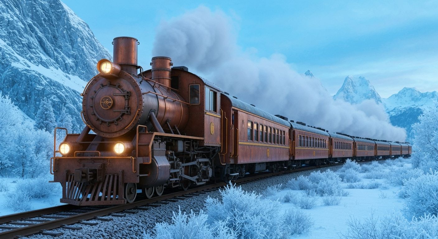 Steampunk Copper Train in Snowy Mountain Landscape