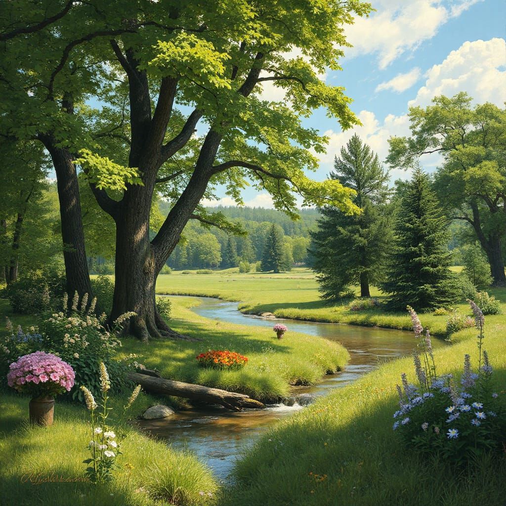 Lush Landscape with Stream as Realistic Painting