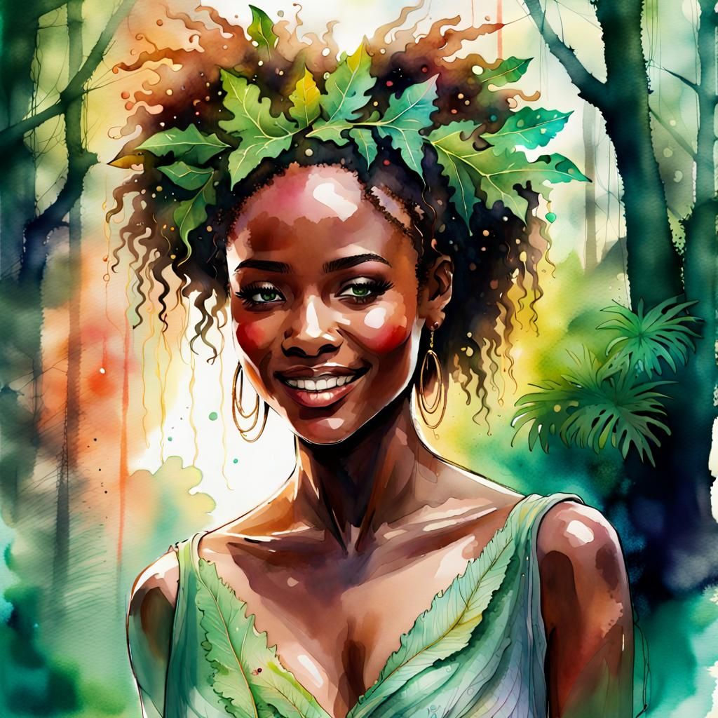 Lush Jungle: Digital Watercolor Portrait of African Woman