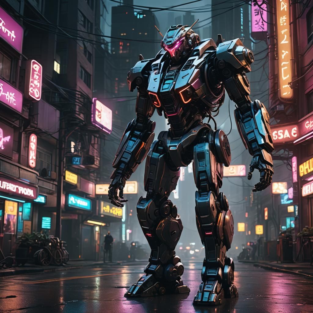 Futuristic Mech in Neon-Lit Sci-Fi City