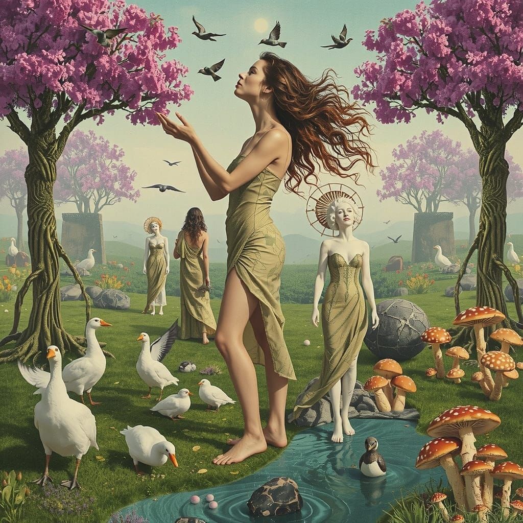 Goddess of Life with Stardust Hair in Cosmic Surreal Garden