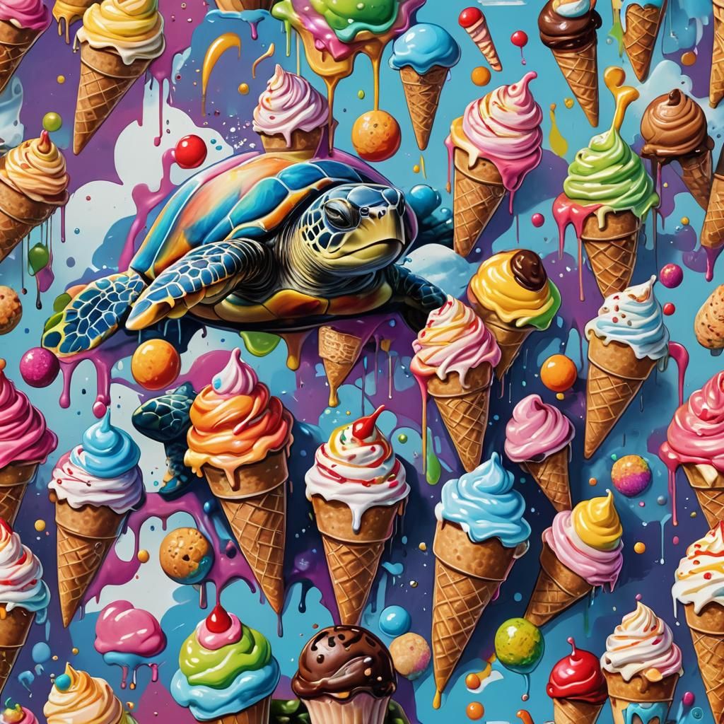 Sea Turtle's Sweet Swim: A Graffiti-Style AI Image