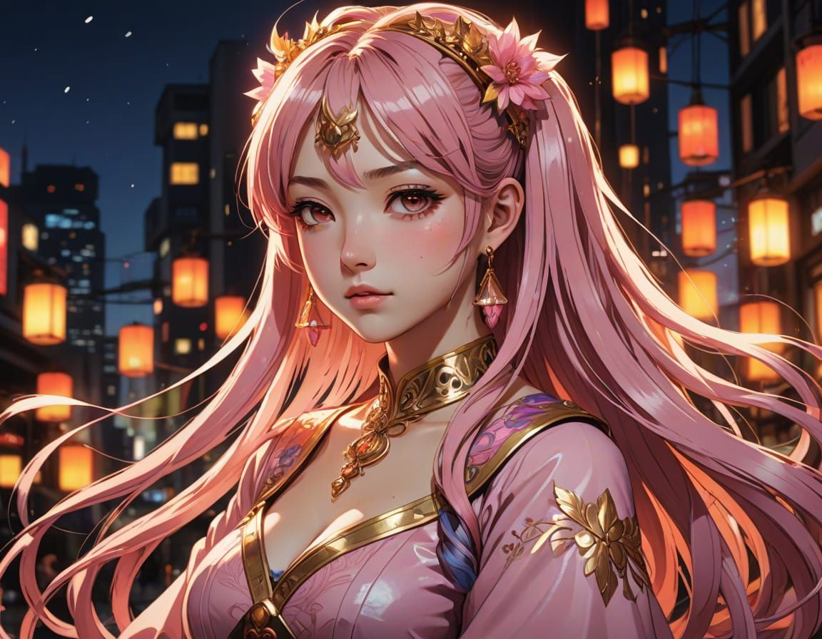 Anime Girl with Luminous Crown and Pink Pigtails