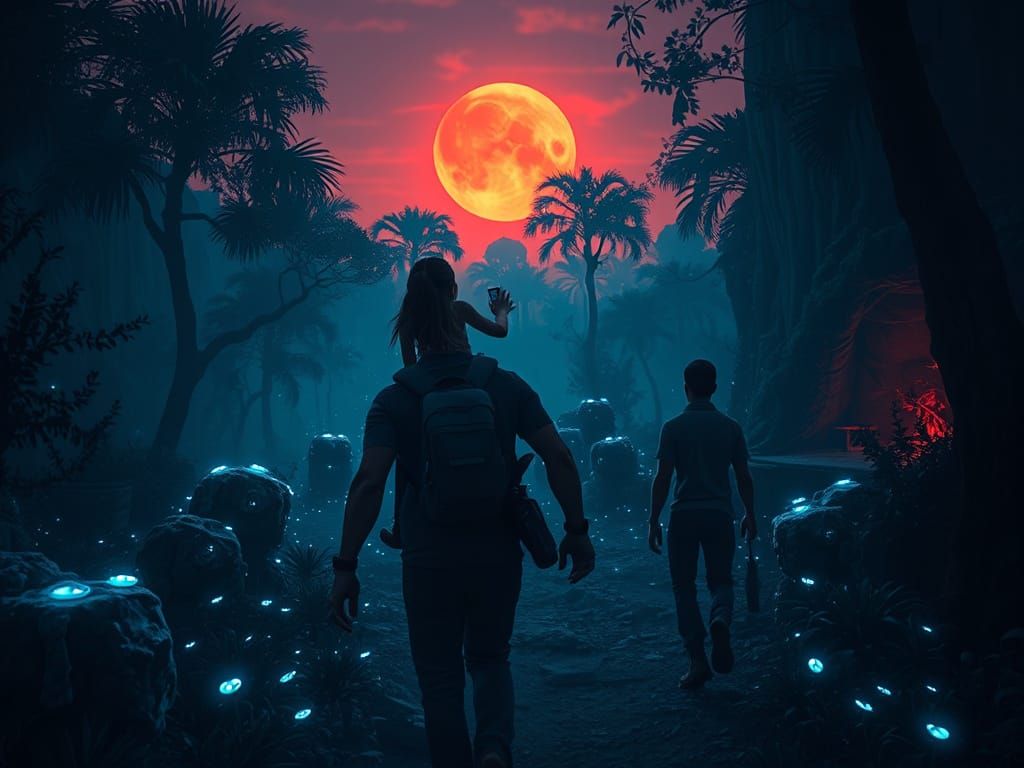 Survivors Journey Through Alien Forest at Dusk