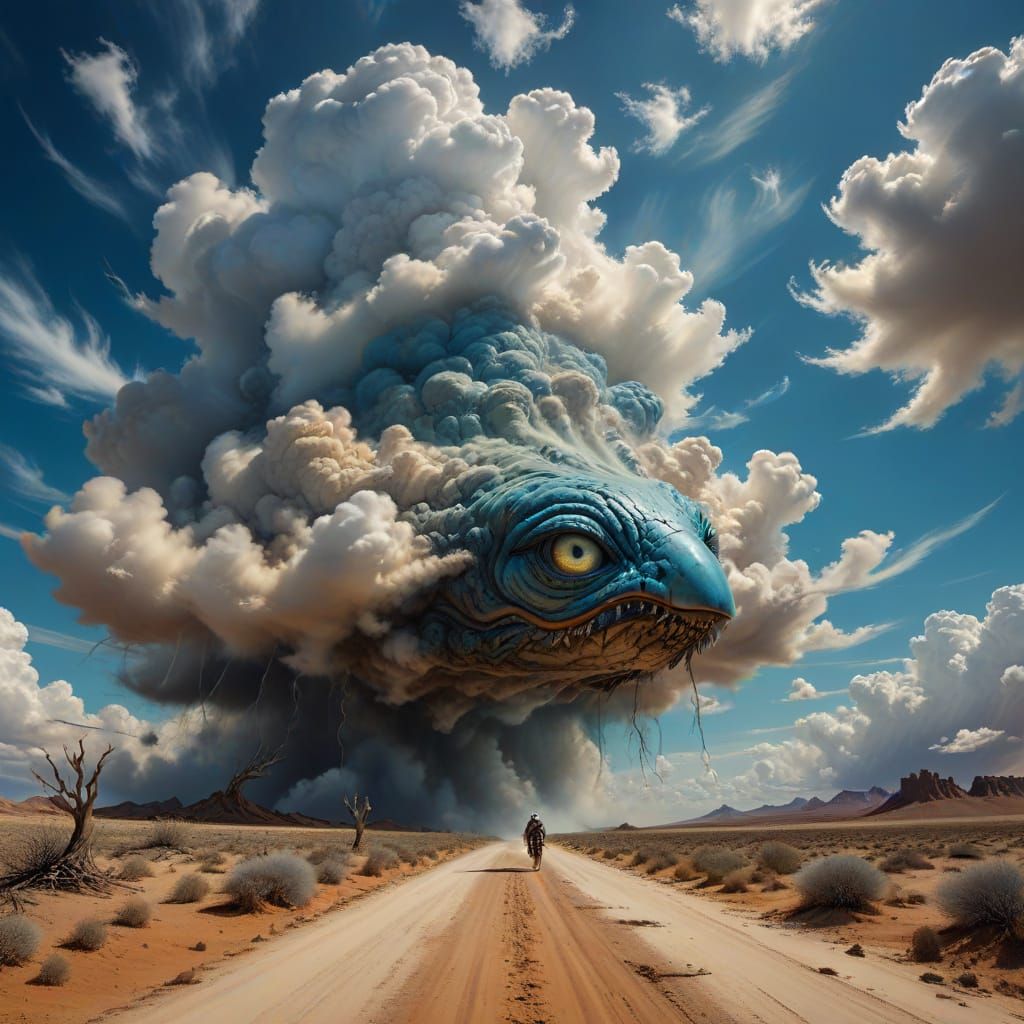 Dreamlike Cloud Creature Emerges from Desert Landscape