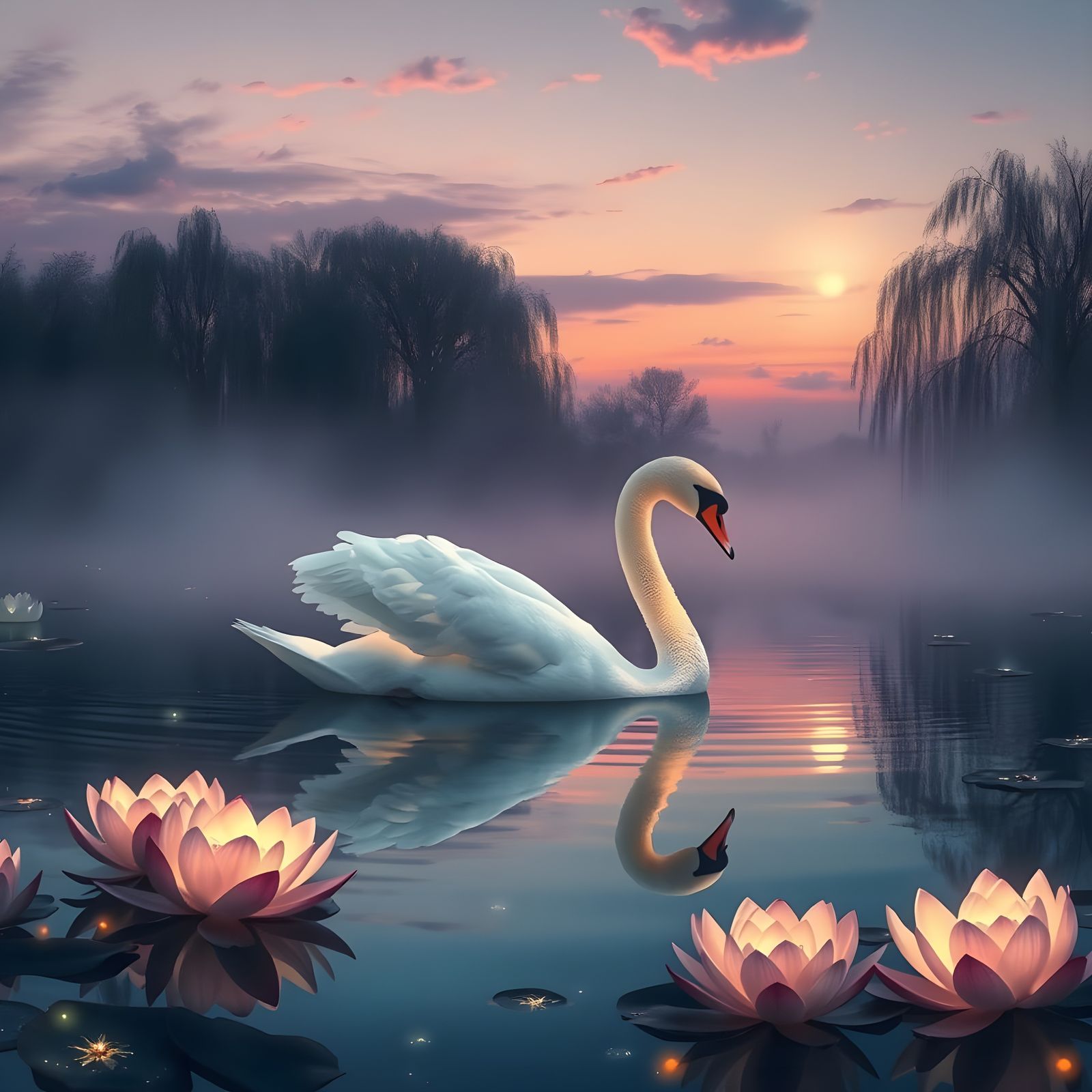 Mystical Swan on Twilight Lake: Magical Realism