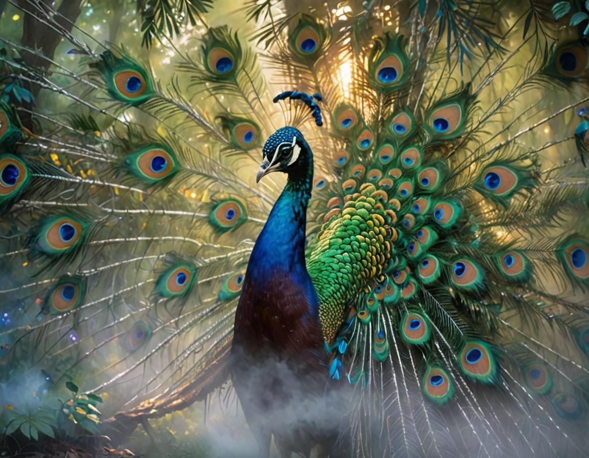 Peacock Displaying Plumage in Misty Forest Glade