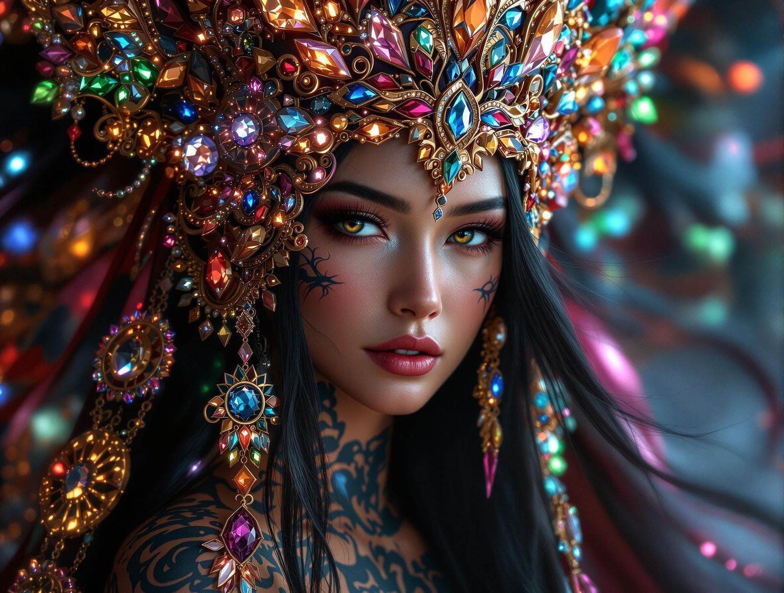 Enigmatic Mystic Woman in Gemstone Headdress, Realistic Digi...