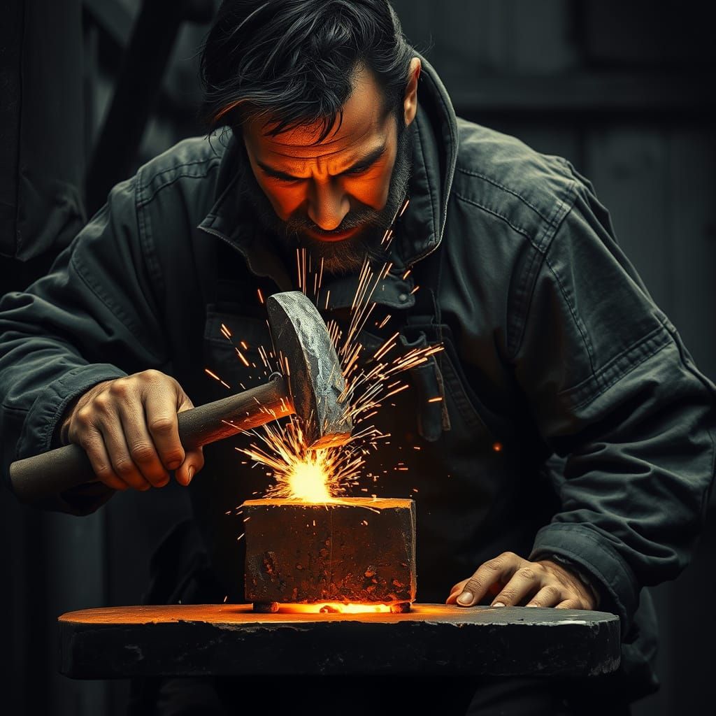 Blacksmith Forges Metal Amidst Flying Sparks