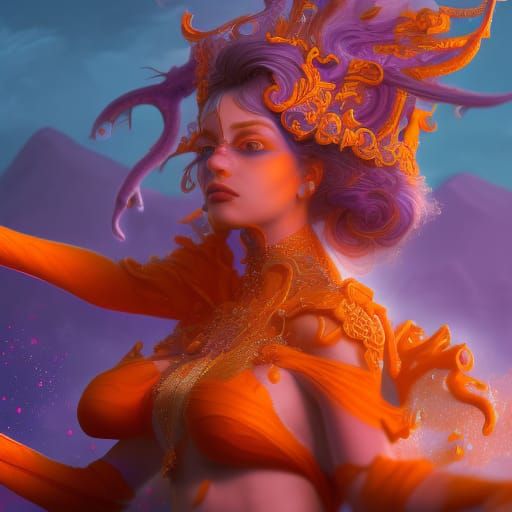 Fantastical Portrait of Girl in Orange, White, and Purple