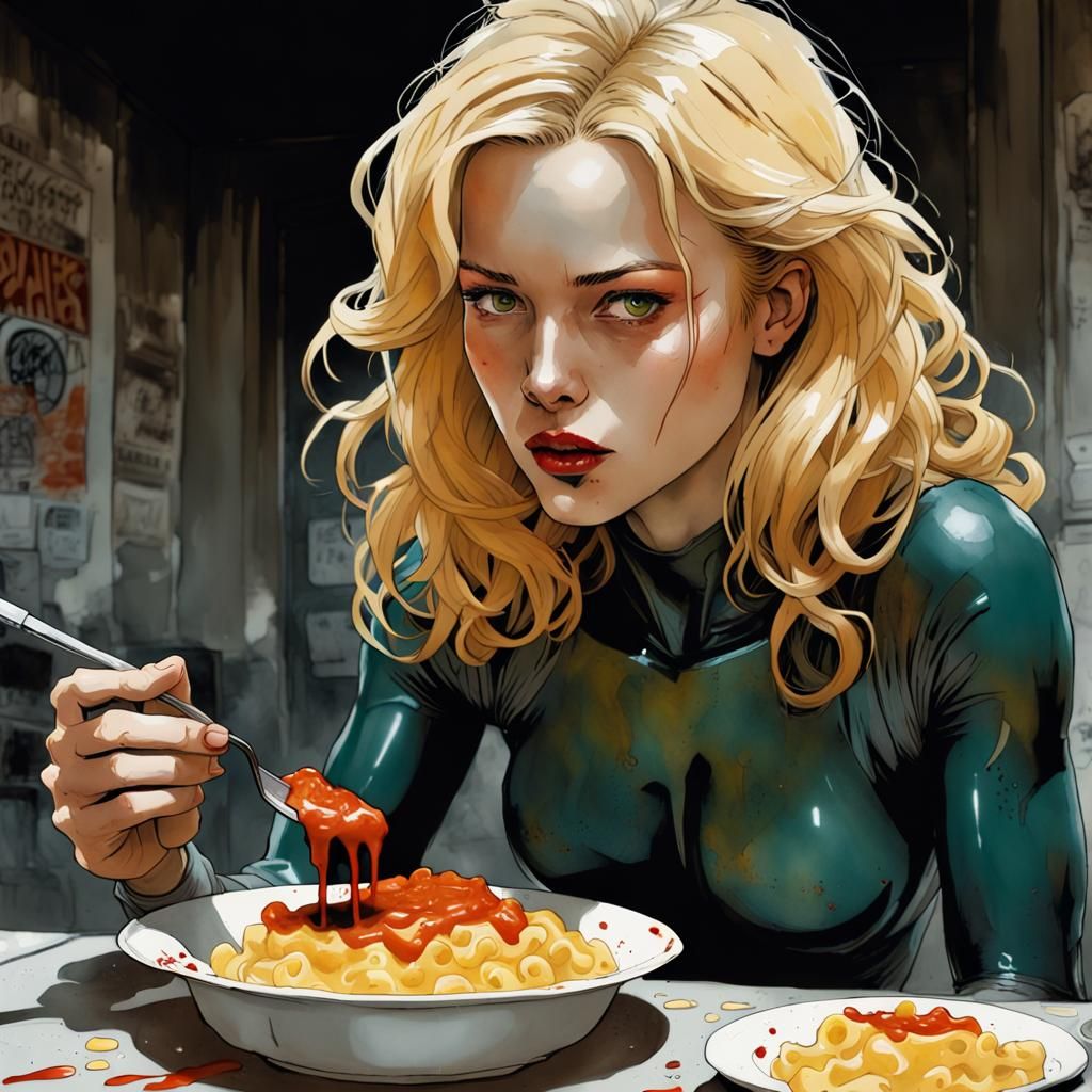Yelena Belova eating macaroni with hot sauce
