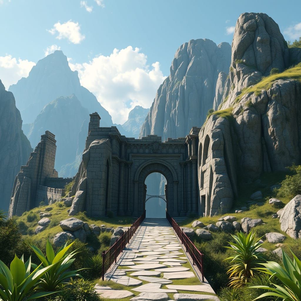 Majestic Mountain Ruins with Bridge Entrance