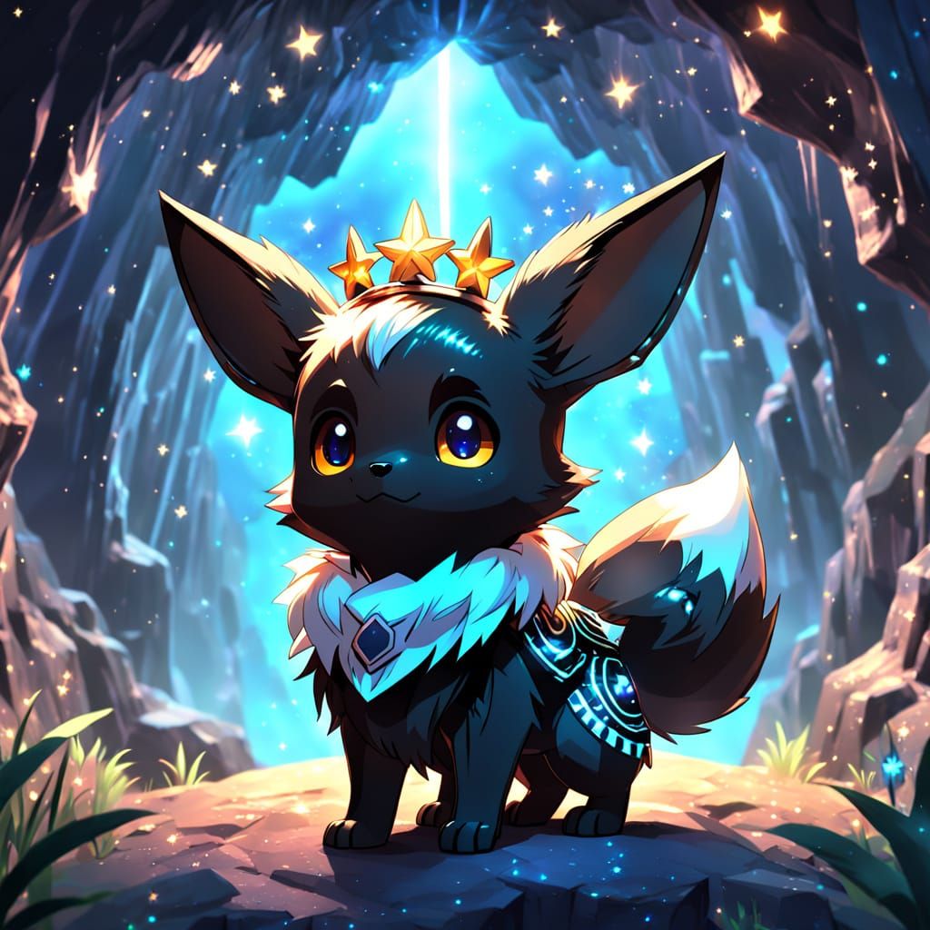 Majestic Starry Eevee in Celestial Cave, Digital Art