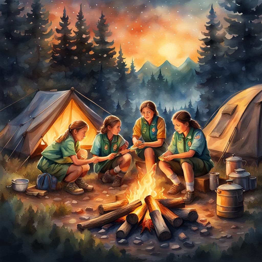 Girl Scouts Campfire Scene as Watercolor Painting