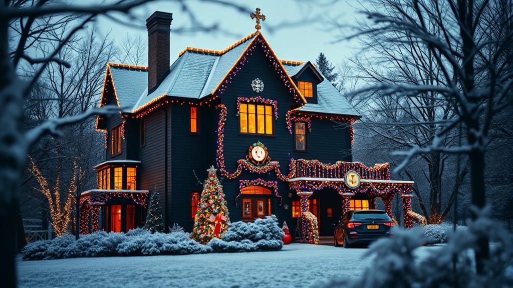 Majestic Black House Illuminated by Vibrant Christmas Lights