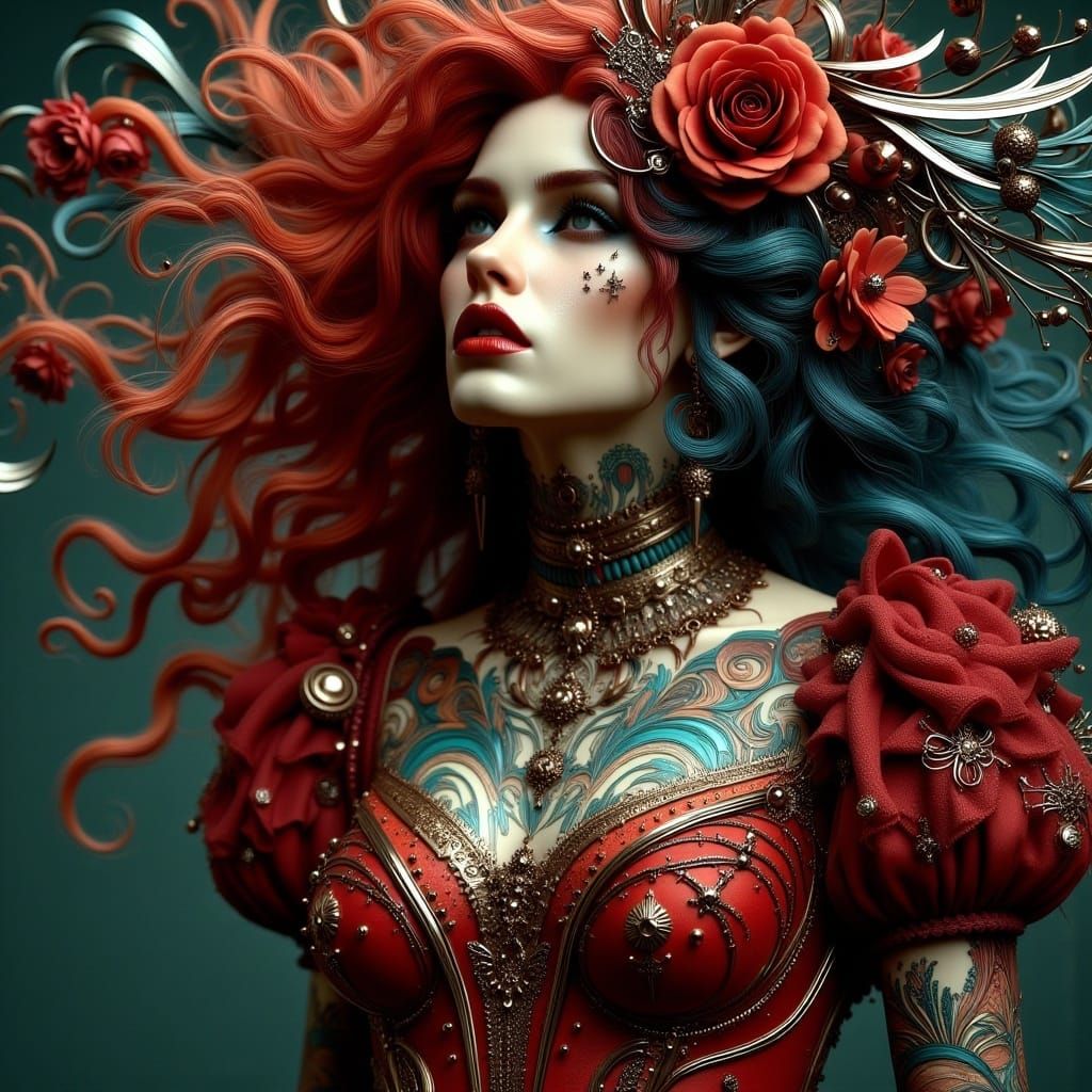 Gothic Art Nouveau Punk Girl with Tattoos