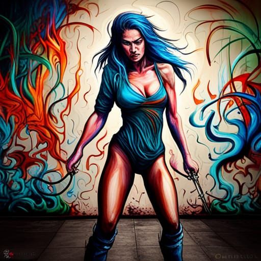 Aggressive Woman with Whip in Graffiti Splash Art