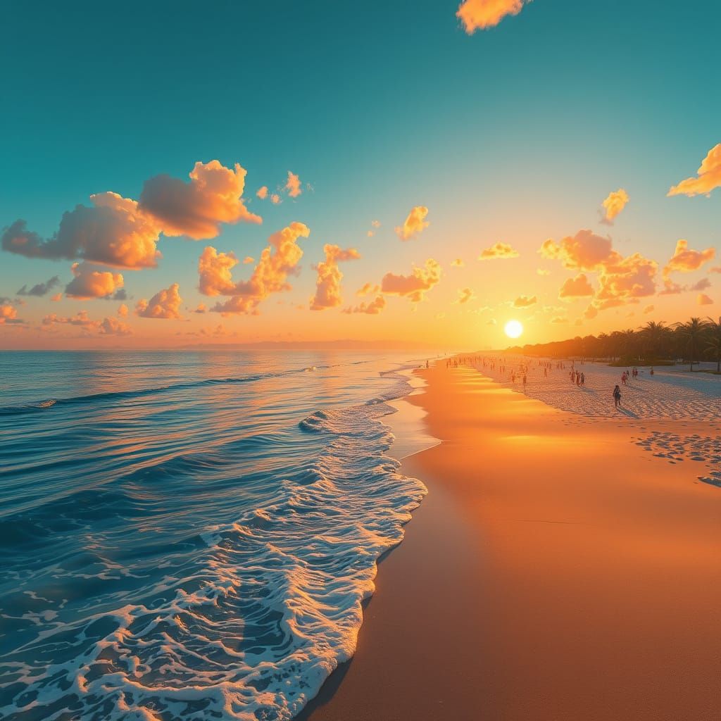 Surreal Sunset Beach Scene in Vibrant Anime Style