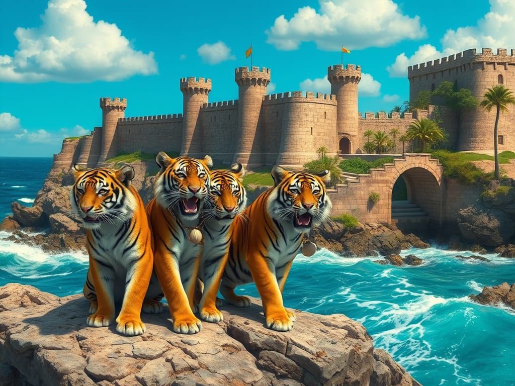 Tigers Playing at Coastal Fortress, Photorealistic Style