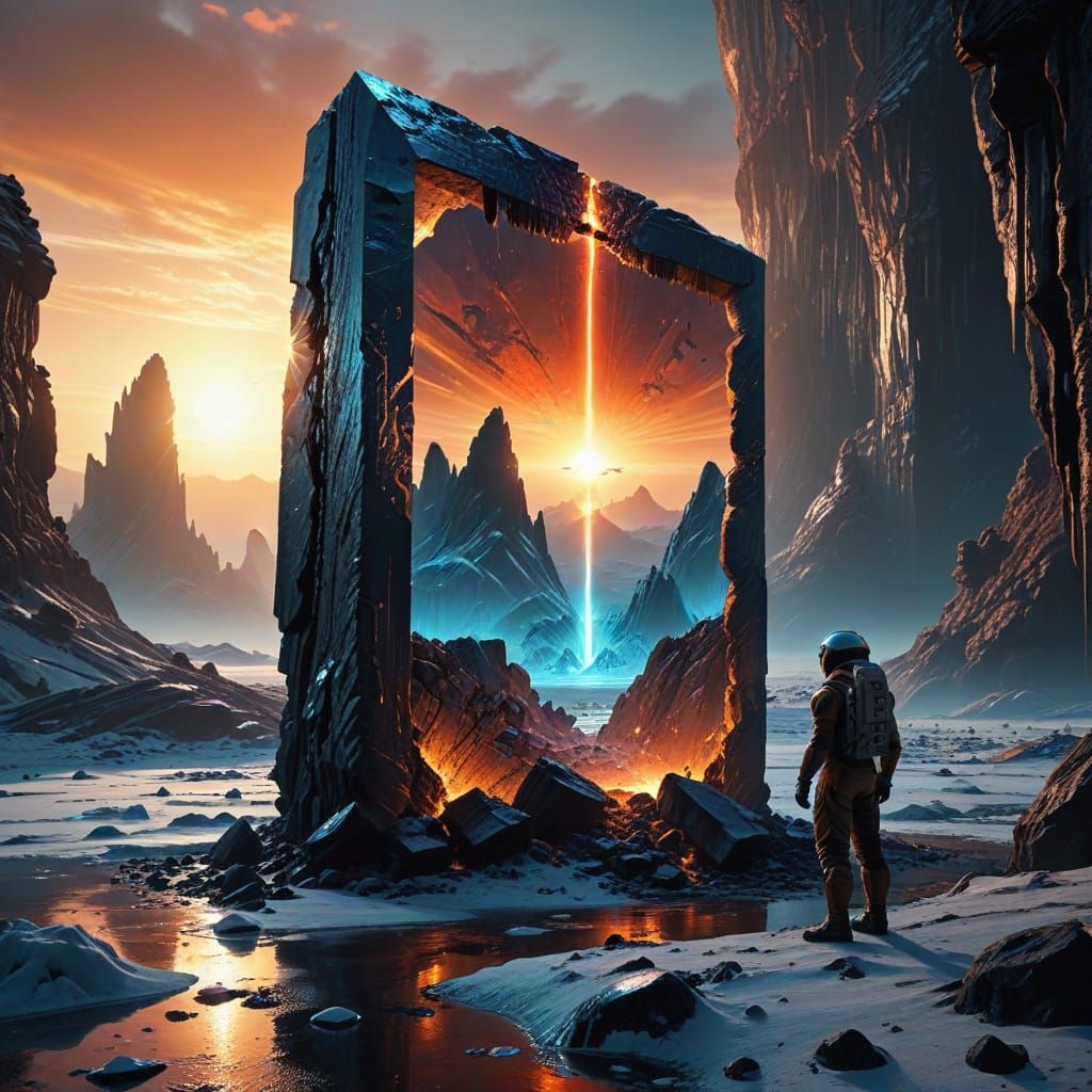 Astronaut's Discovery: Ancient Monolith on Alien Planet